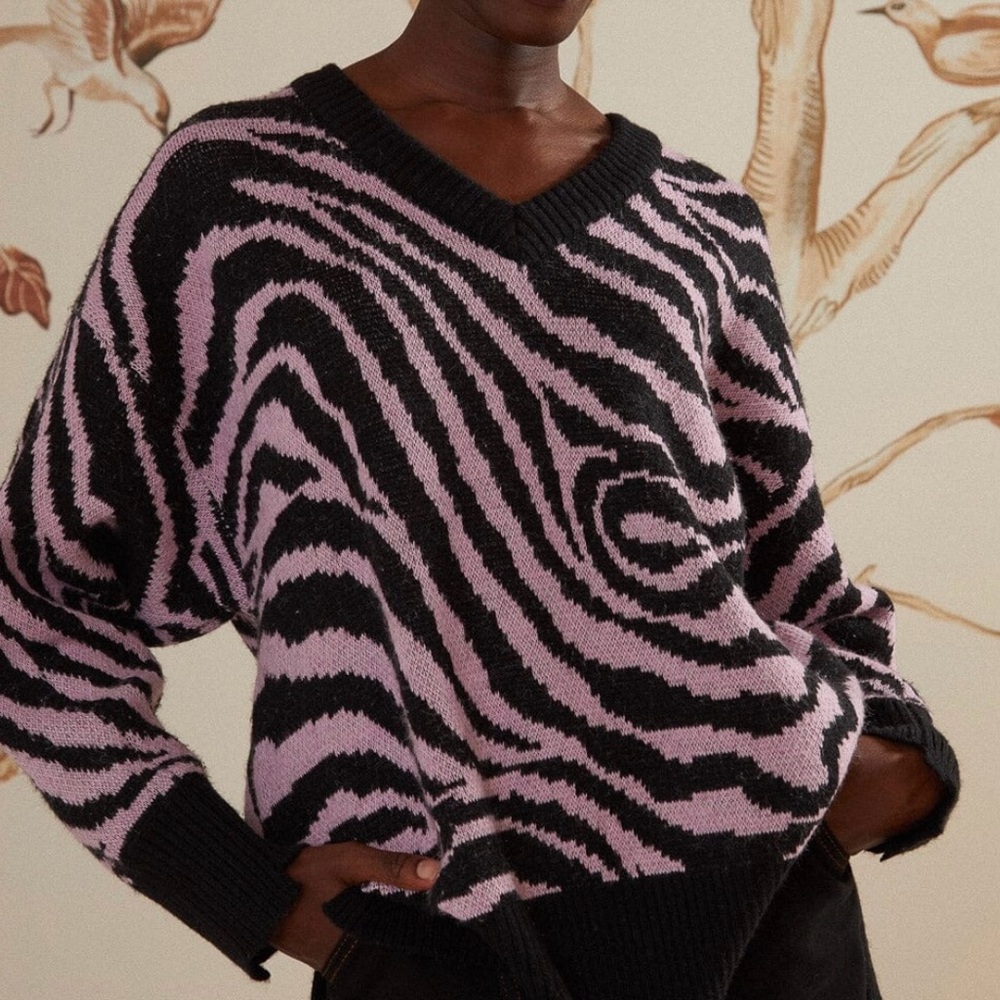 Farm Rio Pink and Black Zebra Print Sweater